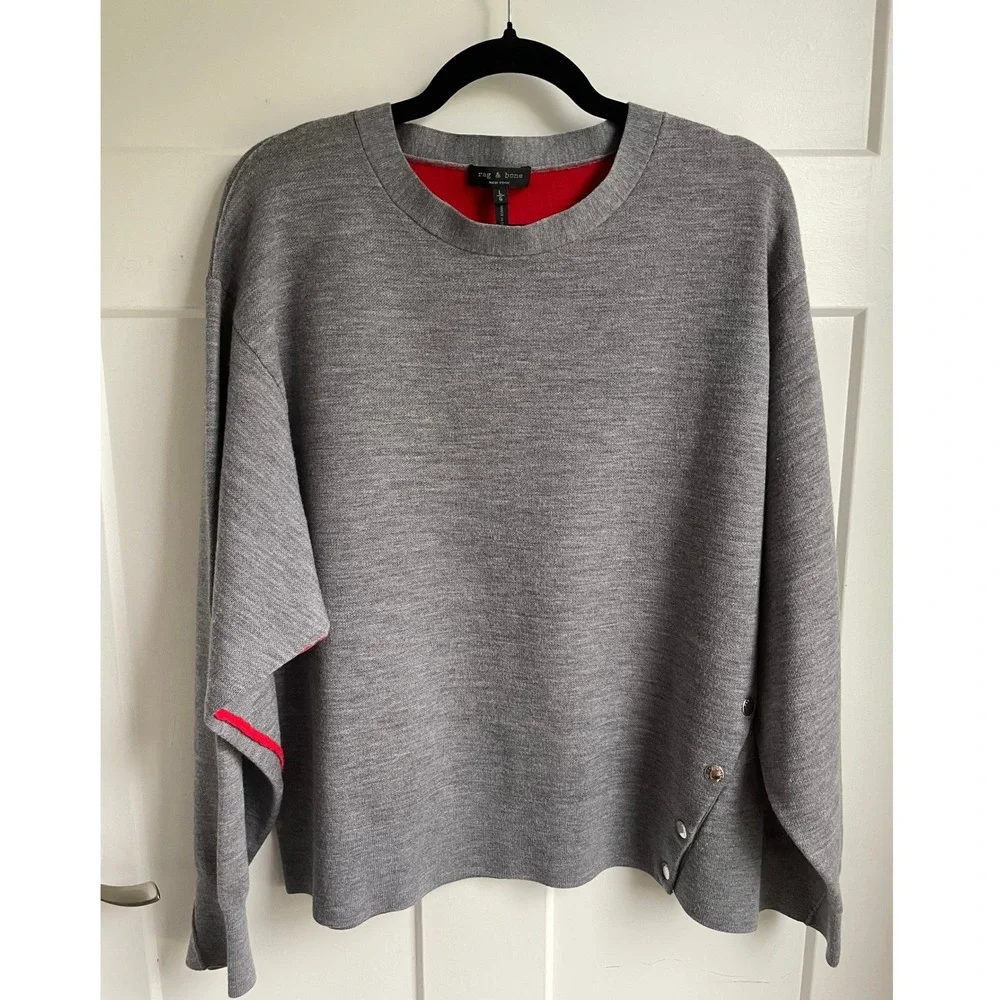 rag & bone Asymmetric Side Snap Gray Merino Wool Sweater Cotton Crewneck Large L